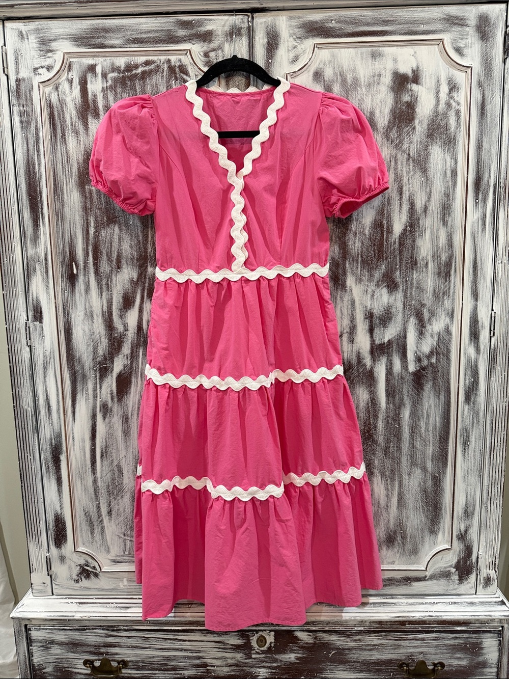 Pink Ruffle Trim Puff-Sleeve Midi Dress